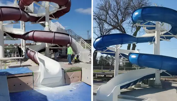 Image of a worker spraying new coating on a waterslide